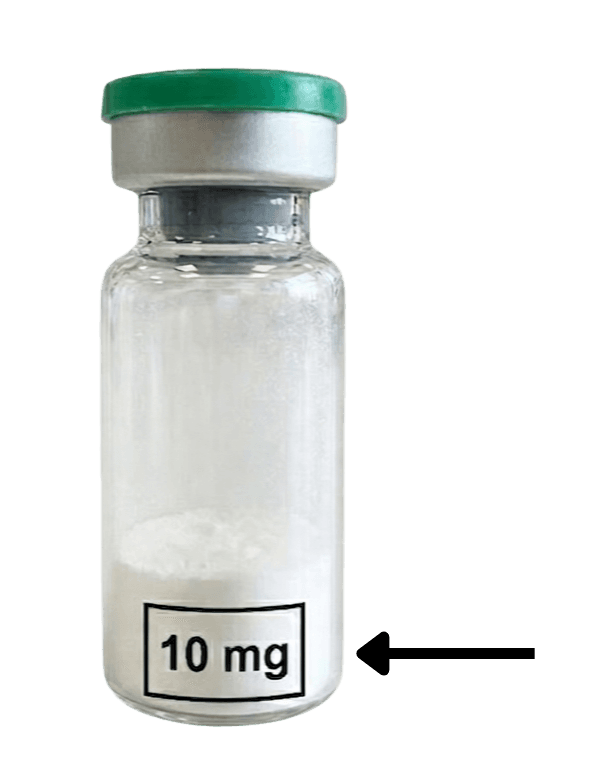 Peptide vial with label showing total mg